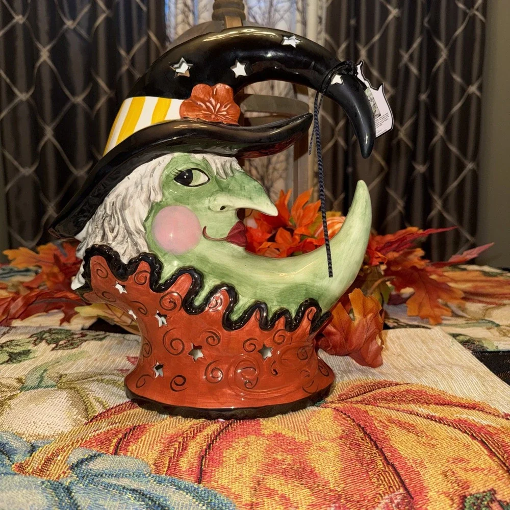 Blue Sky Halloween Crescent Moon Witch Ceramic Tea Light Holder New